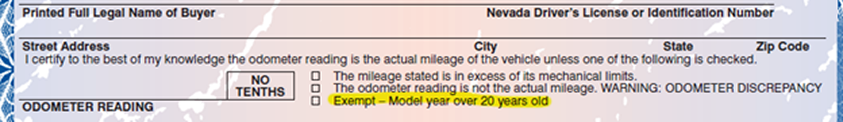 Odometer disclosure example for 20-year-old vehicle
