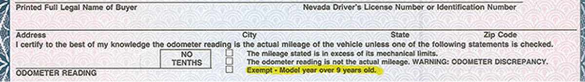 Odometer disclosure example for 9-year-old vehicle